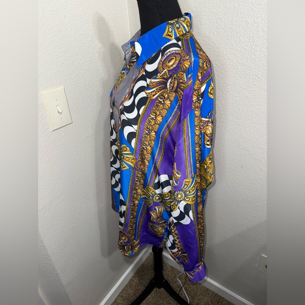 Vintage Sangi Baroque Print Shirt Blue Gold Versacecore Luxe Retro- Sz Medium - Picture 8 of 11